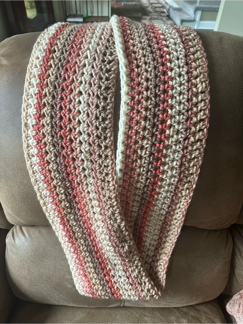 Handmade Crochet Infinity Scarf in Cream, Tan and Coral